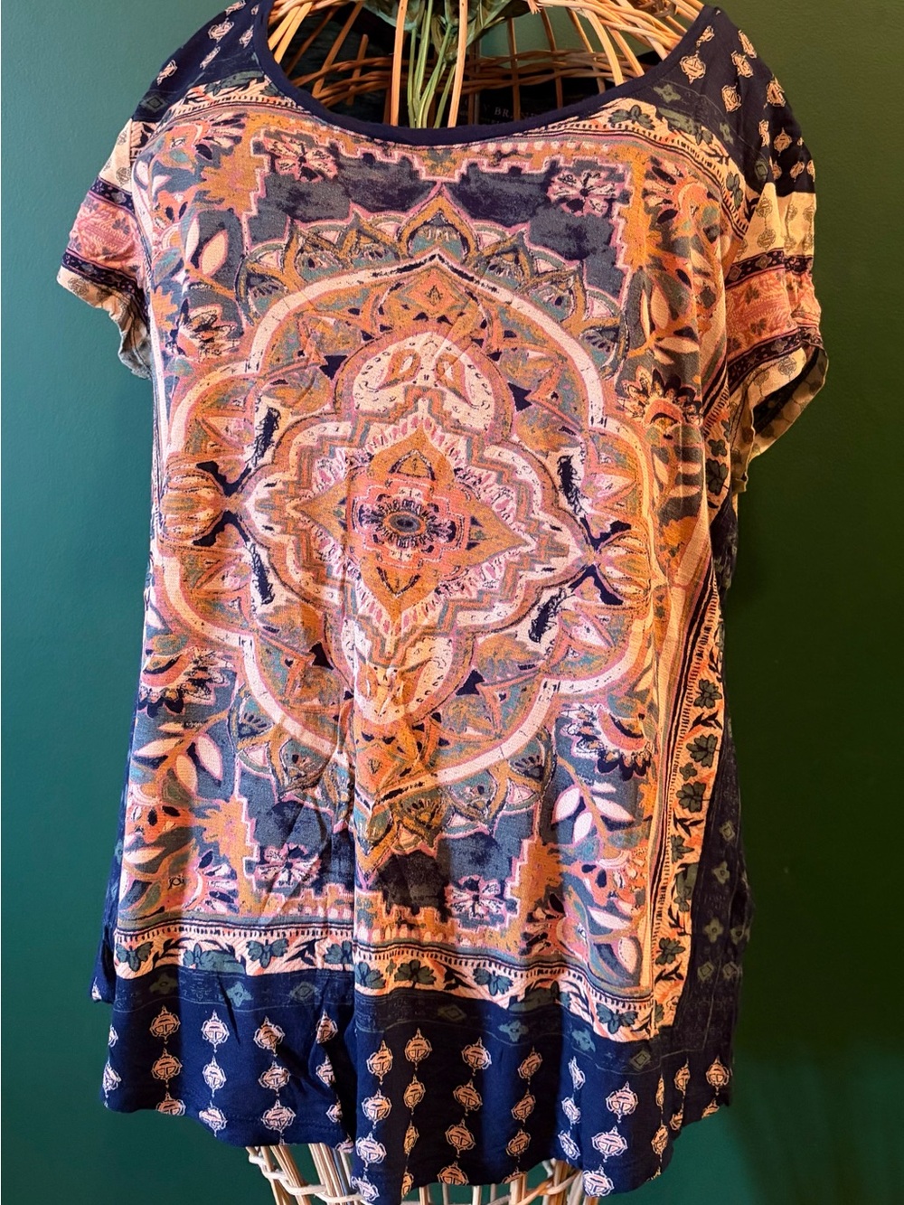 Lucky Brand Navy and Peach Boho Medallion Short Sleeve Tunic